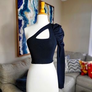 Balboa Womens Black One Shoulder Cut Out Front Gigot Sleeve Crop Top